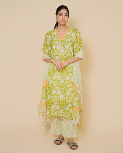 Meadow Bloom Jaipur Hand Block Print Linen Cotton Kurta Set