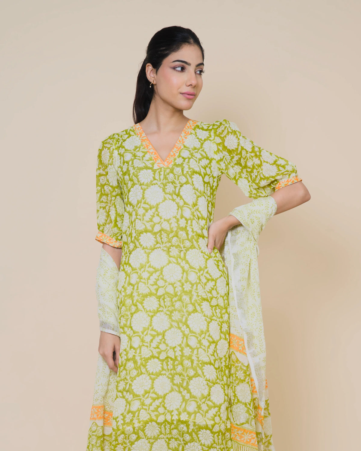 Meadow Bloom Jaipur Hand Block Print Linen Cotton Kurta Set