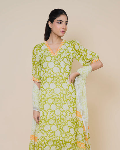 Meadow Bloom Jaipur Hand Block Print Linen Cotton Kurta Set