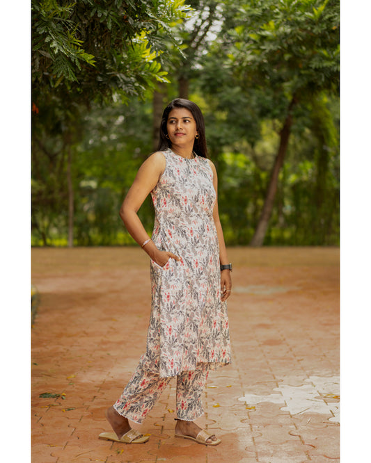 Floral grey halter neck pure cotton co-ord sets