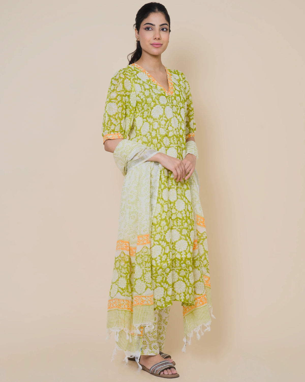 Meadow Bloom Jaipur Hand Block Print Linen Cotton Kurta Set