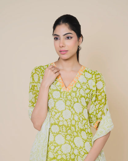 Meadow Bloom Jaipur Hand Block Print Linen Cotton Kurta Set
