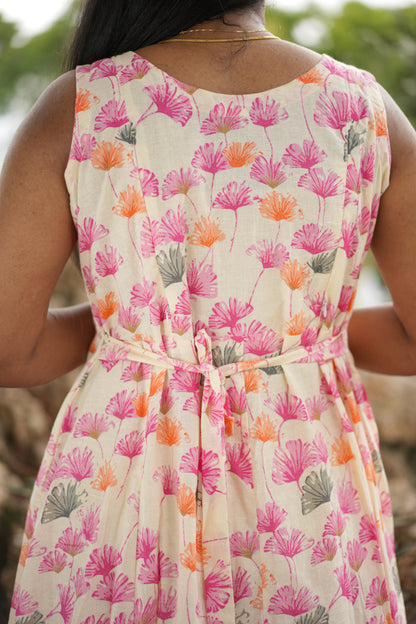 Floral dreamy pink pure cotton maxi( sleeves attached)