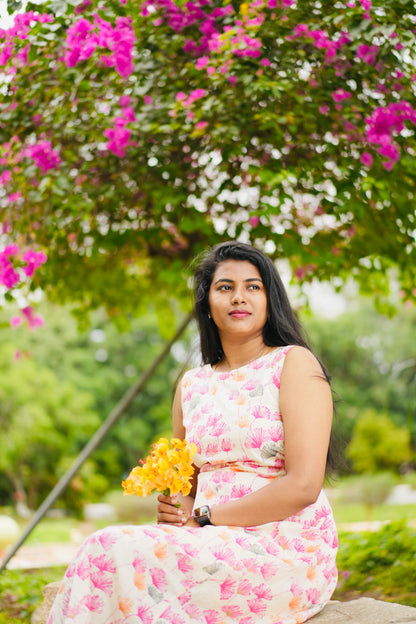 Floral dreamy pink pure cotton maxi( sleeves attached)