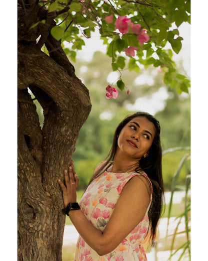 Floral dreamy pink pure cotton maxi( sleeves attached)