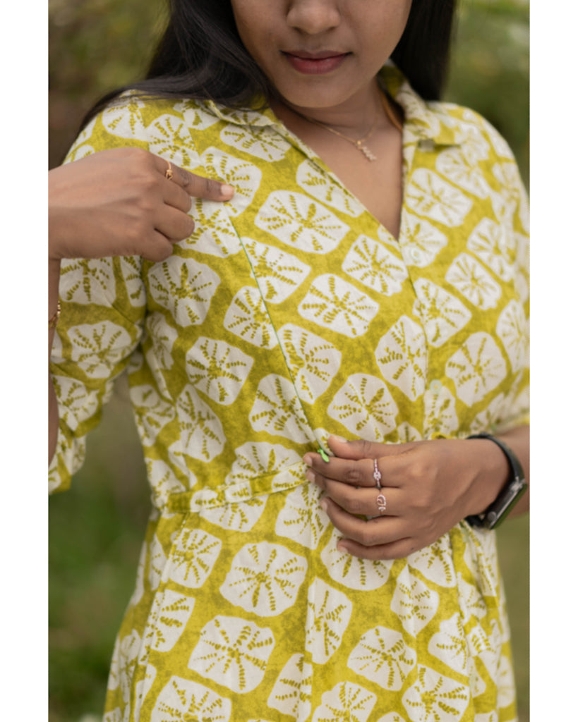 Cream green floral cotton maternity wear with feeding zippers