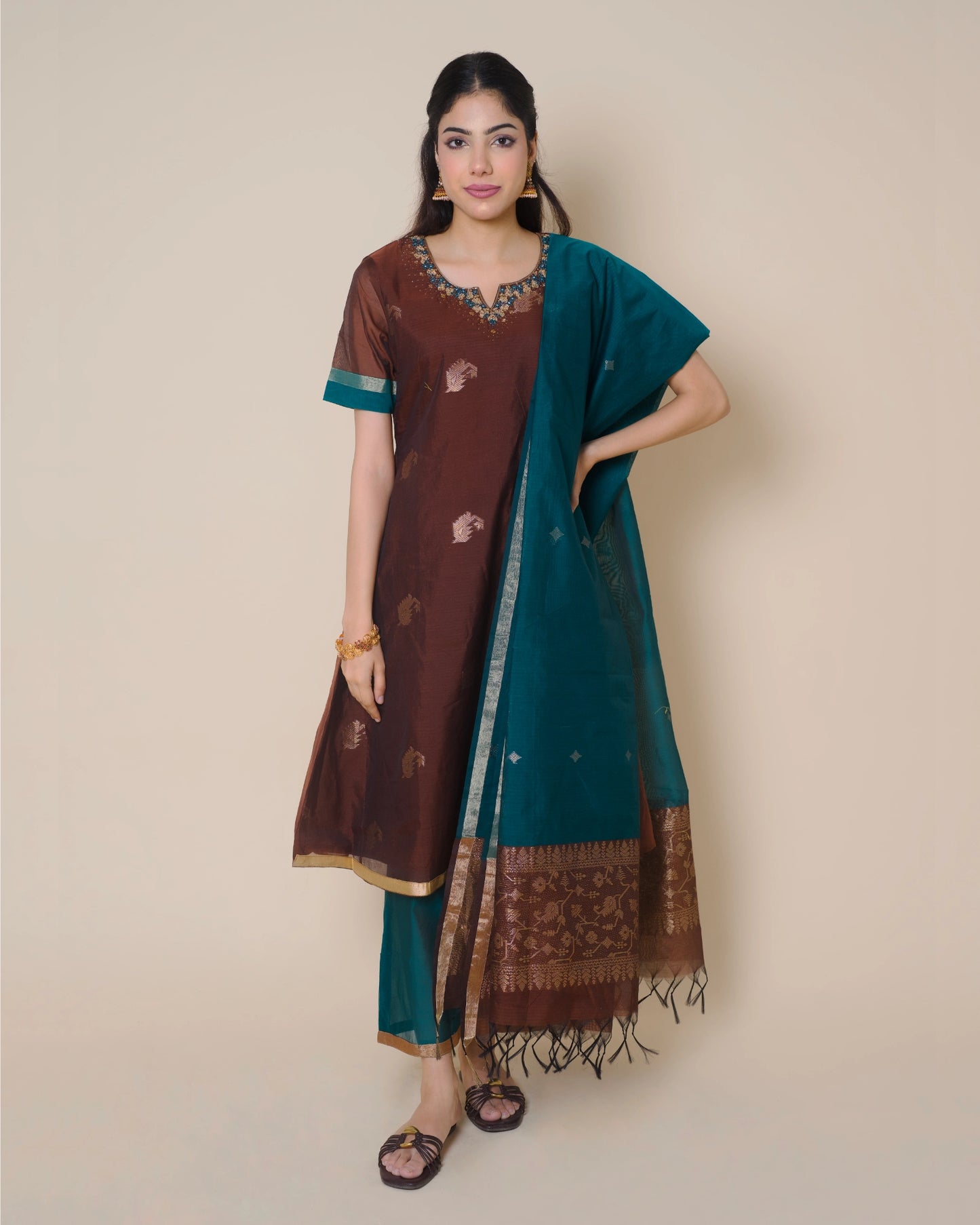Mocha Brown Silk Cotton Handloom Aari Work Kurta Set