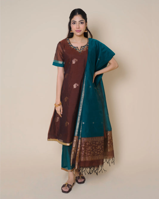 Mocha Brown Silk Cotton Handloom Aari Work Kurta Set