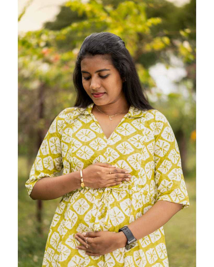 Cream green floral cotton maternity wear with feeding zippers