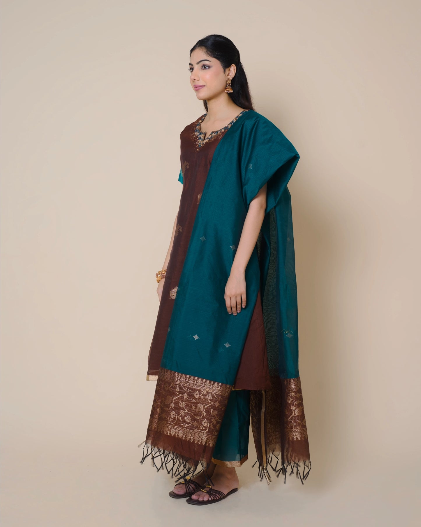 Mocha Brown Silk Cotton Handloom Aari Work Kurta Set
