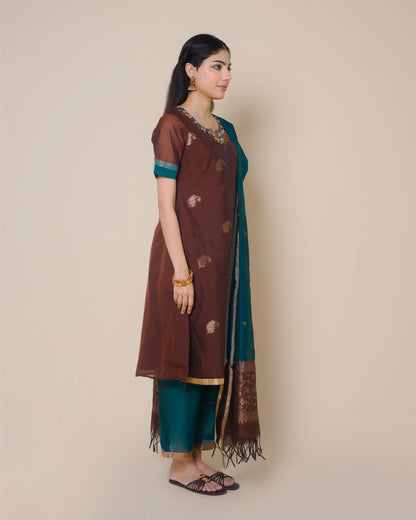 Mocha Brown Silk Cotton Handloom Aari Work Kurta Set
