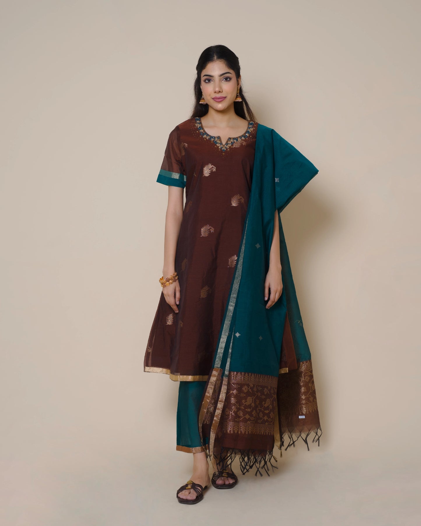 Mocha Brown Silk Cotton Handloom Aari Work Kurta Set