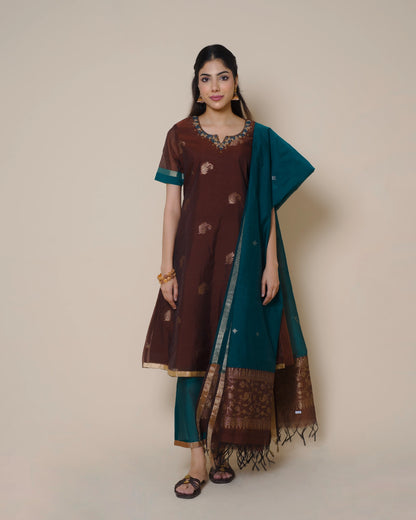 Mocha Brown Silk Cotton Handloom Aari Work Kurta Set