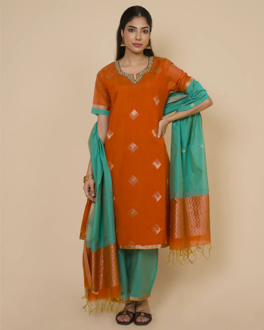 Sunset Rusty Silk Cotton Handloom Aari Work Kurta Set