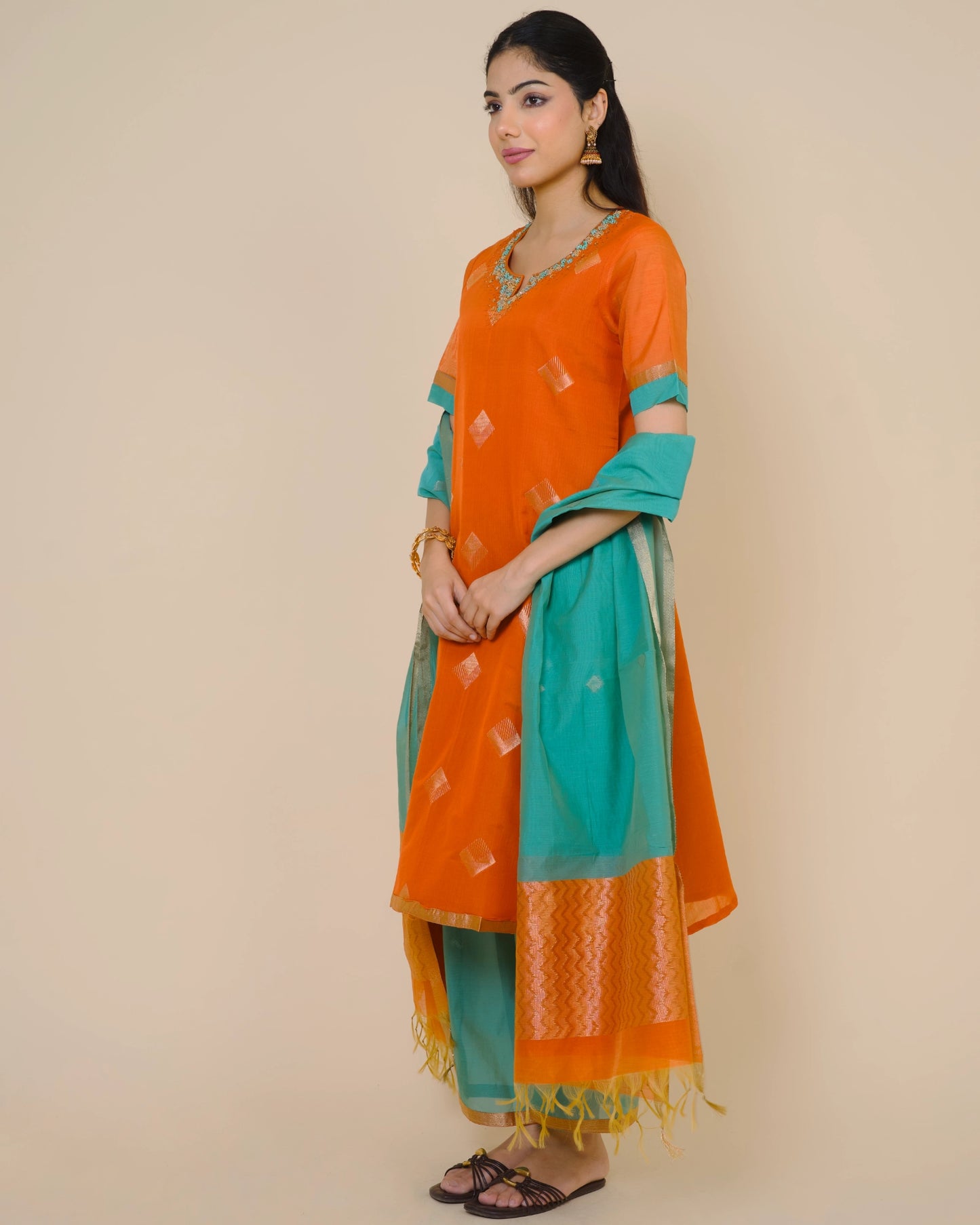 Sunset Rusty Silk Cotton Handloom Aari Work Kurta Set
