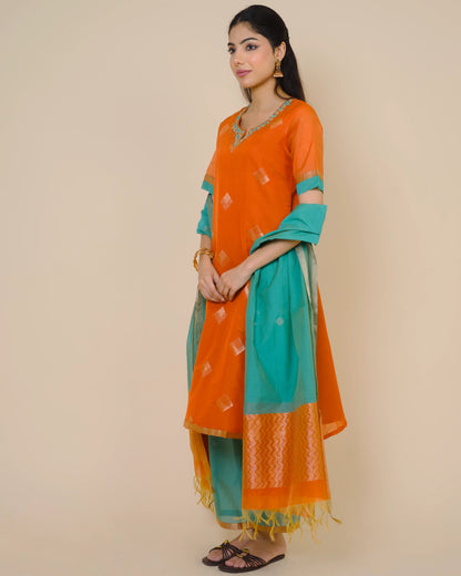 Sunset Rusty Silk Cotton Handloom Aari Work Kurta Set