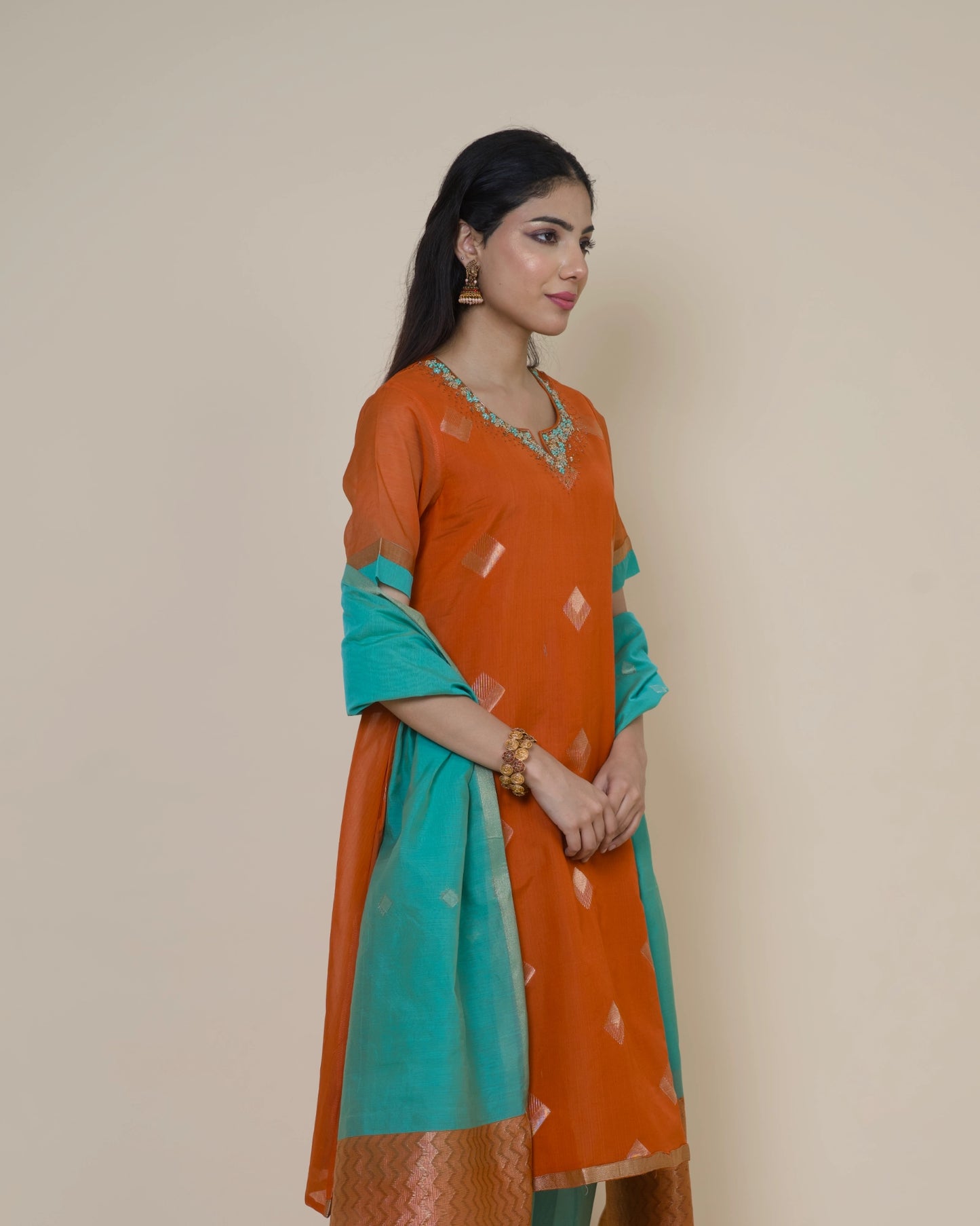 Sunset Rusty Silk Cotton Handloom Aari Work Kurta Set