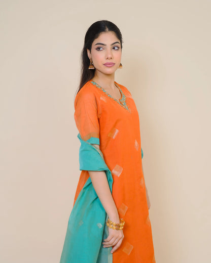 Sunset Rusty Silk Cotton Handloom Aari Work Kurta Set