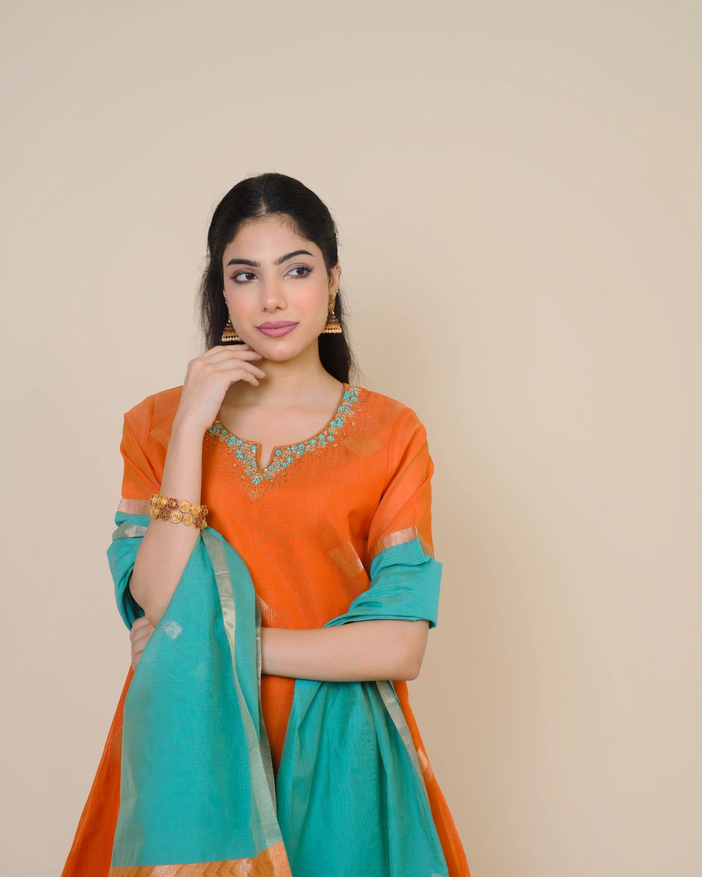 Sunset Rusty Silk Cotton Handloom Aari Work Kurta Set