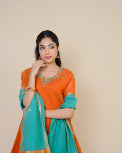 Sunset Rusty Silk Cotton Handloom Aari Work Kurta Set