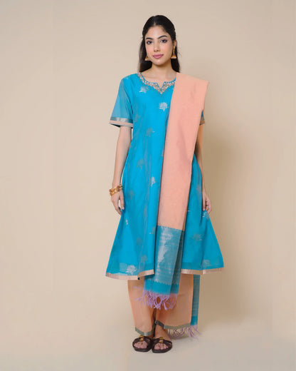 Azure Blue Silk Cotton Handloom Aari Work Kurta Set