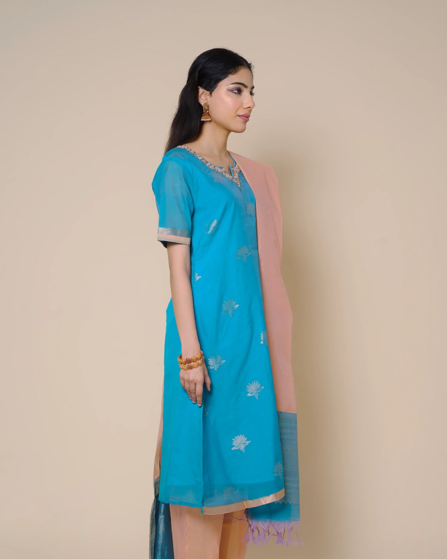 Azure Blue Silk Cotton Handloom Aari Work Kurta Set