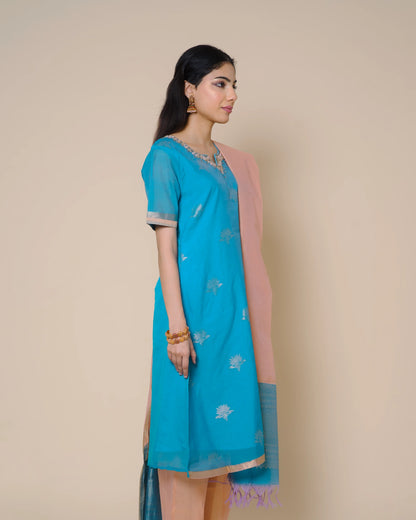 Azure Blue Silk Cotton Handloom Aari Work Kurta Set