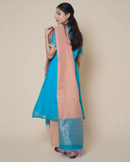 Azure Blue Silk Cotton Handloom Aari Work Kurta Set