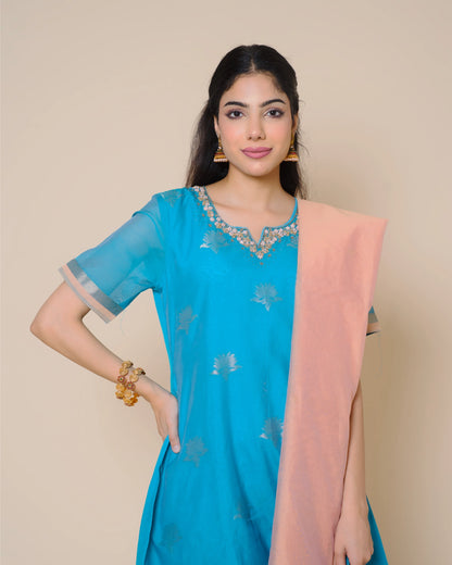 Azure Blue Silk Cotton Handloom Aari Work Kurta Set