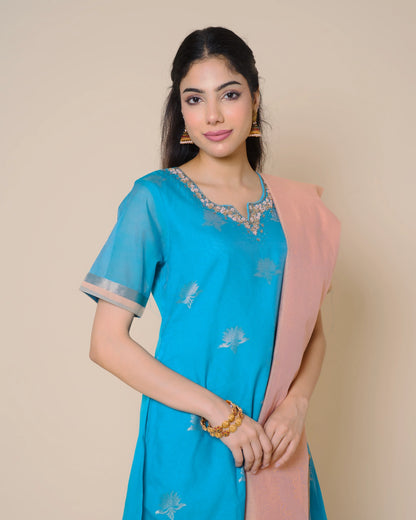 Azure Blue Silk Cotton Handloom Aari Work Kurta Set