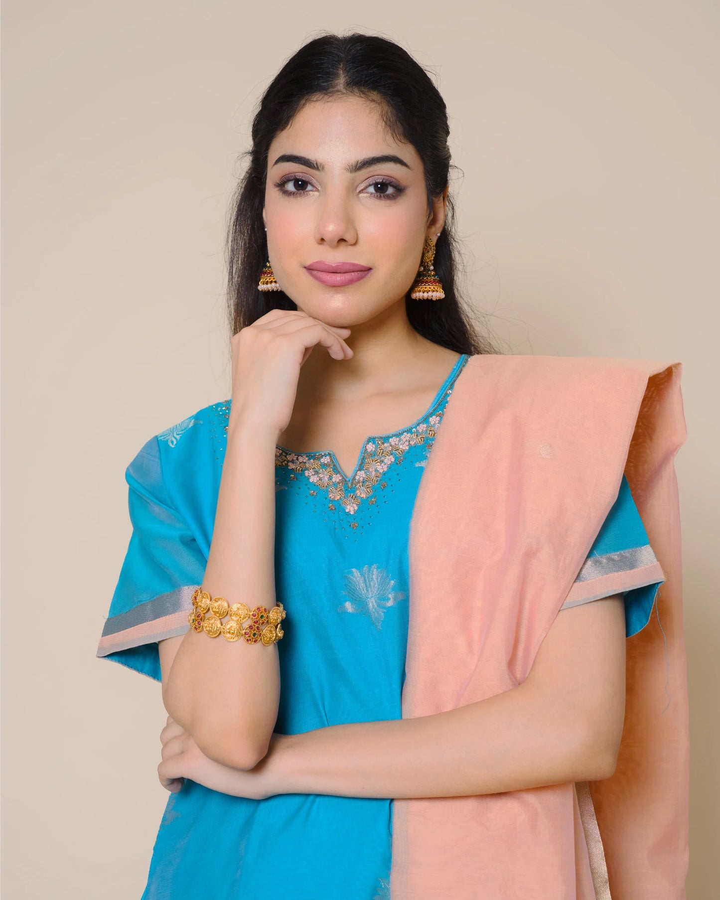 Azure Blue Silk Cotton Handloom Aari Work Kurta Set