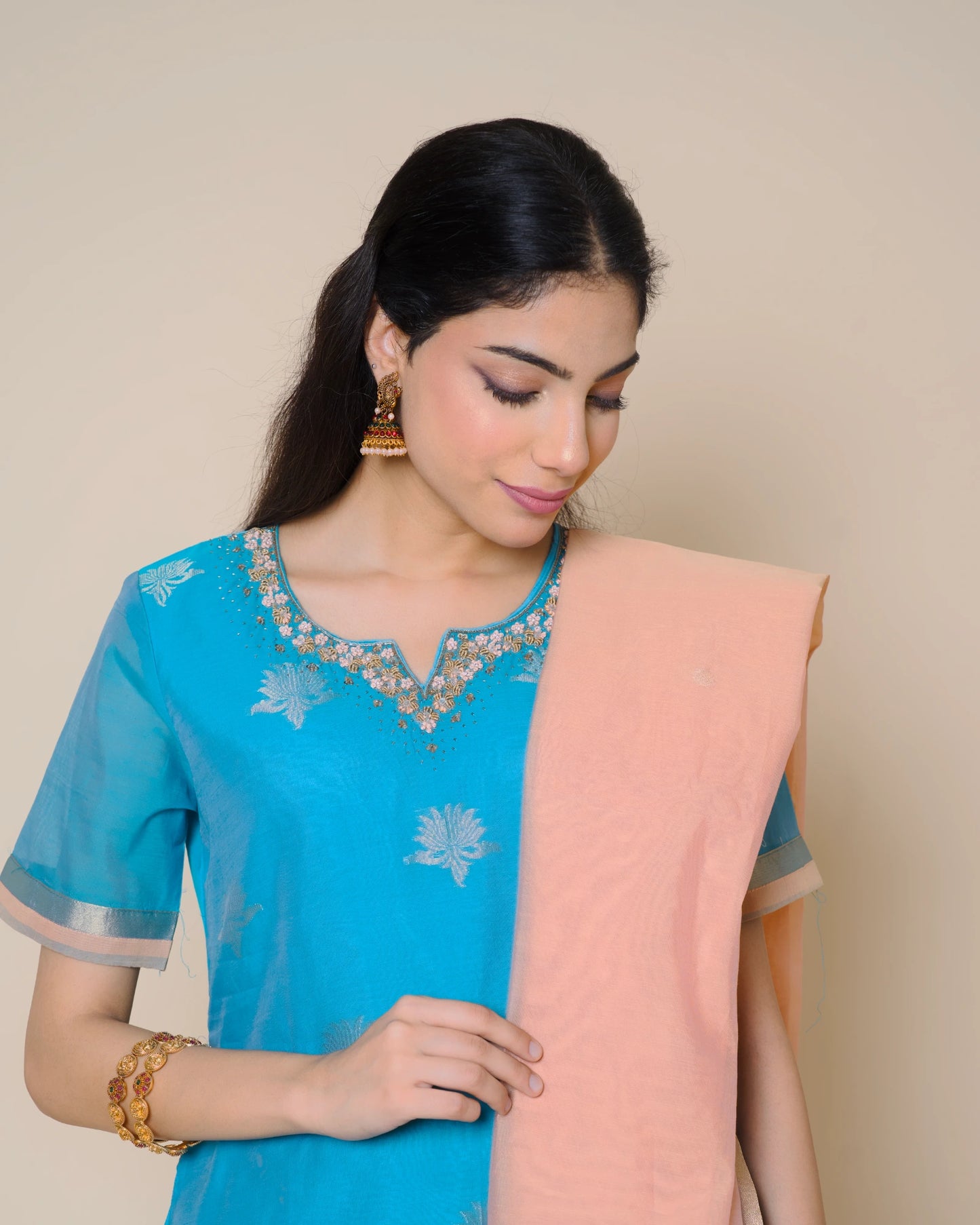 Azure Blue Silk Cotton Handloom Aari Work Kurta Set