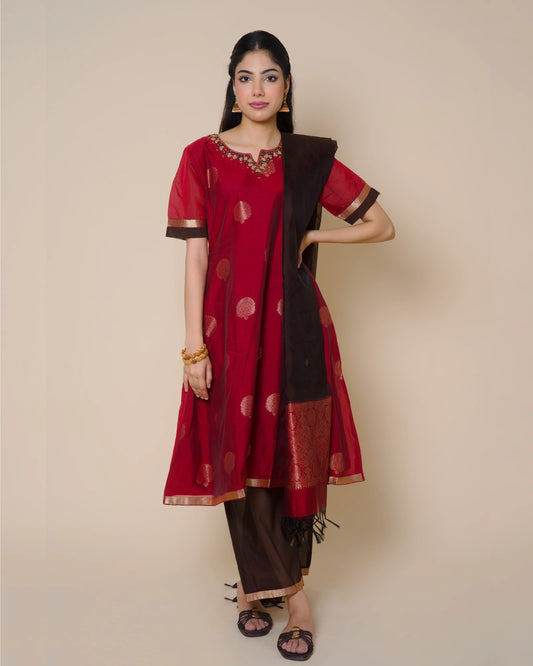 Ruby Red Silk Cotton Handloom Aari Work Kurta Set