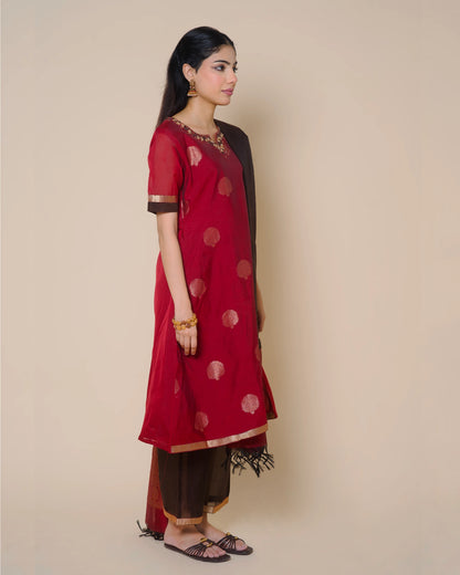 Ruby Red Silk Cotton Handloom Aari Work Kurta Set