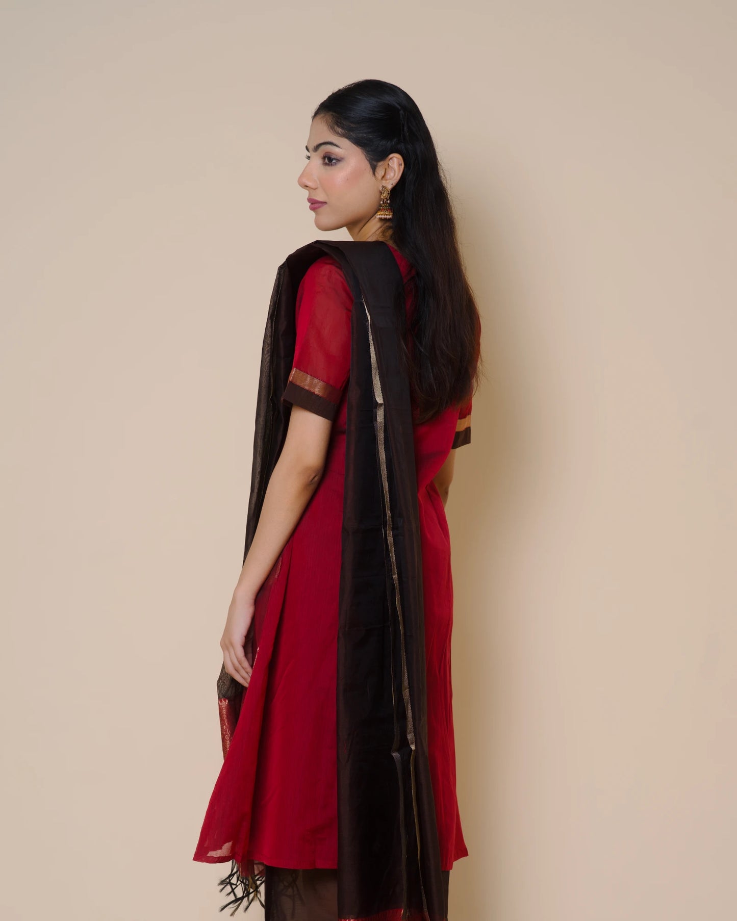 Ruby Red Silk Cotton Handloom Aari Work Kurta Set
