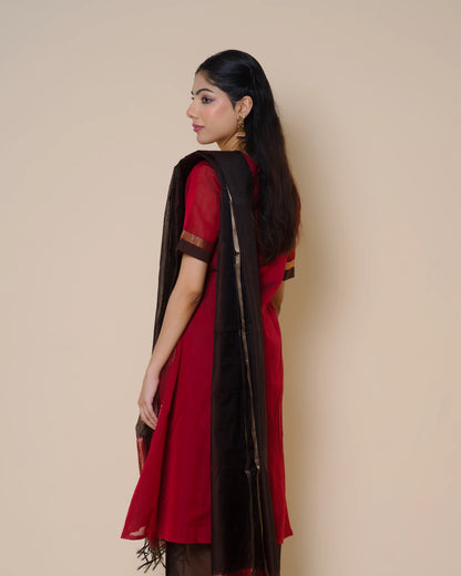 Ruby Red Silk Cotton Handloom Aari Work Kurta Set