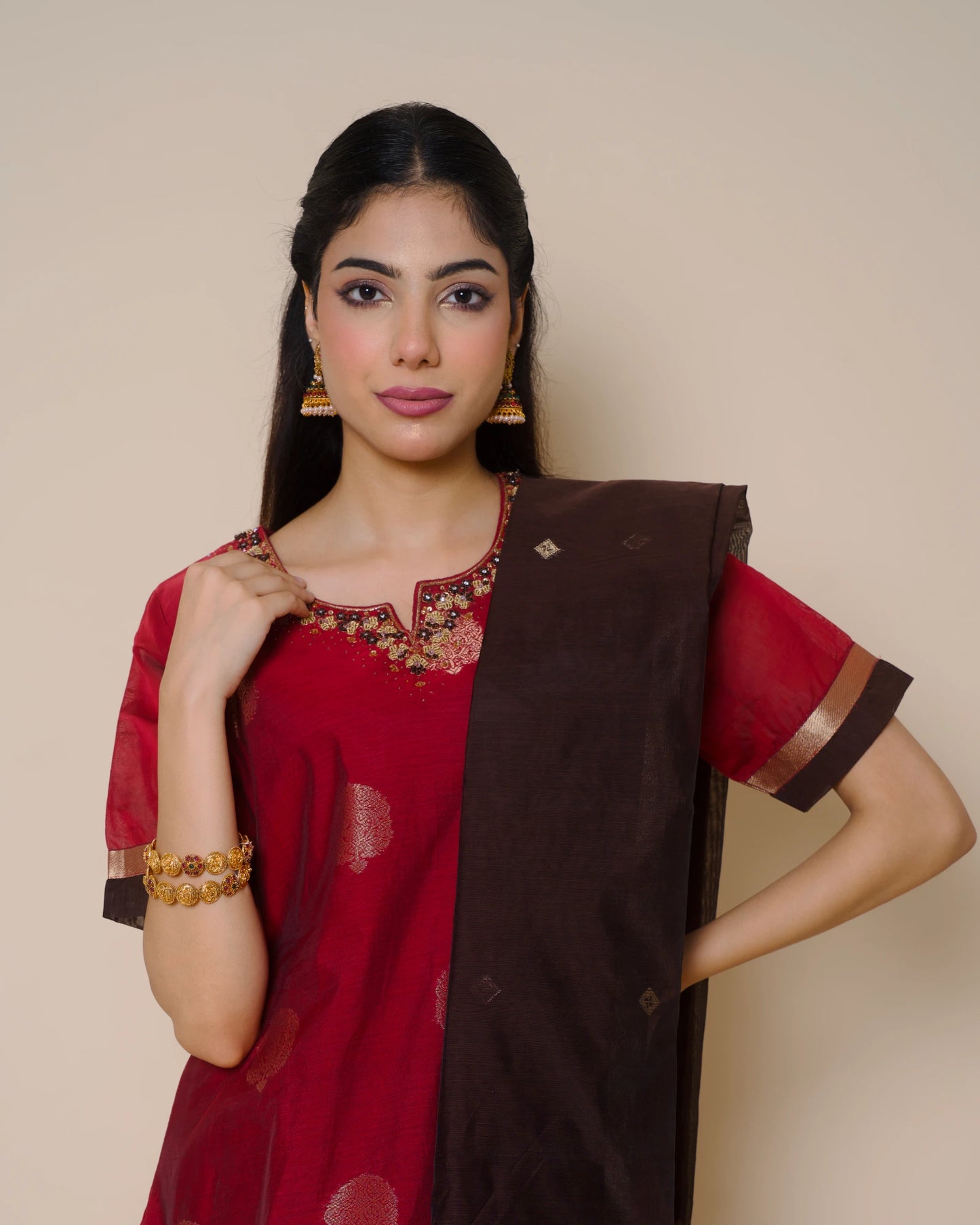 Ruby Red Silk Cotton Handloom Aari Work Kurta Set