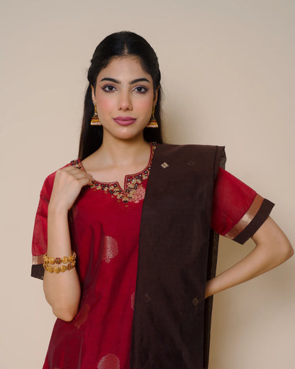 Ruby Red Silk Cotton Handloom Aari Work Kurta Set