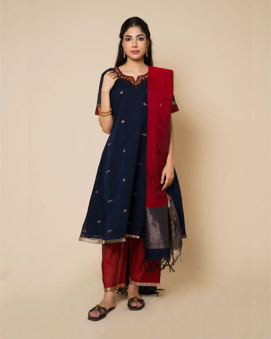 Midnight Blue Embroidered silk cotton Kurta Set with Red Dupatta