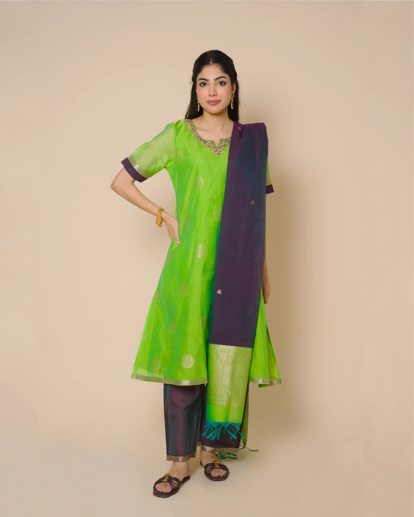 Lime Green Silk Cotton Handcrafted Aari Work Kurta Set