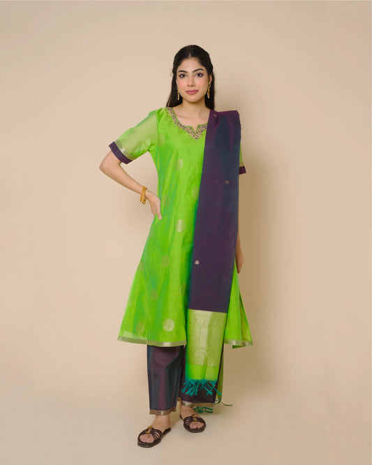 Lime Green Silk Cotton Handcrafted Aari Work Kurta Set