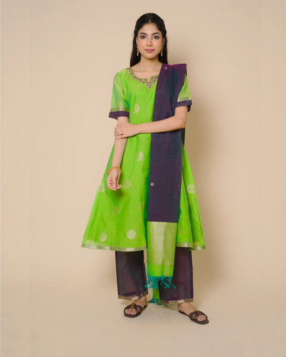 Lime Green Silk Cotton Handcrafted Aari Work Kurta Set