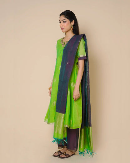 Lime Green Silk Cotton Handcrafted Aari Work Kurta Set
