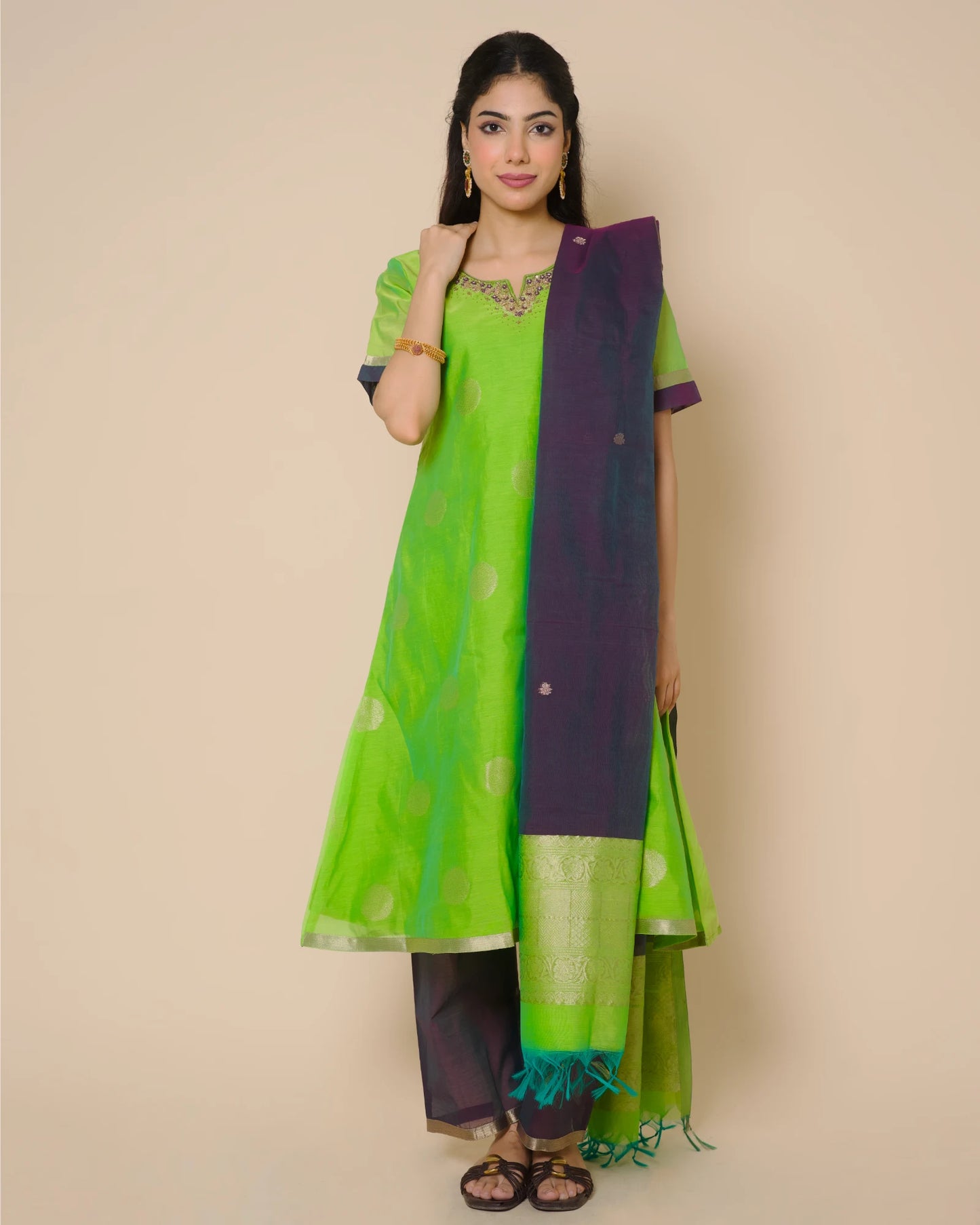 Lime Green Silk Cotton Handcrafted Aari Work Kurta Set
