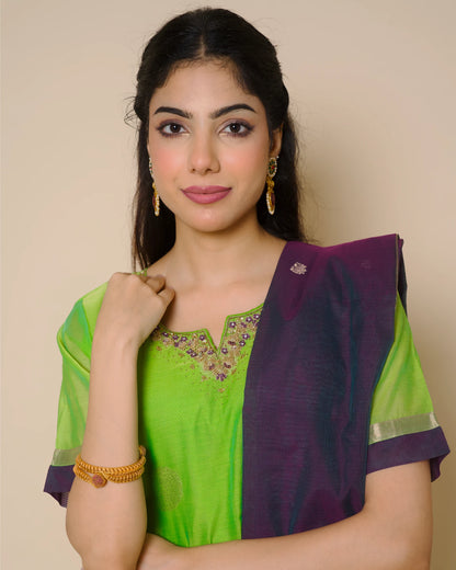 Lime Green Silk Cotton Handcrafted Aari Work Kurta Set