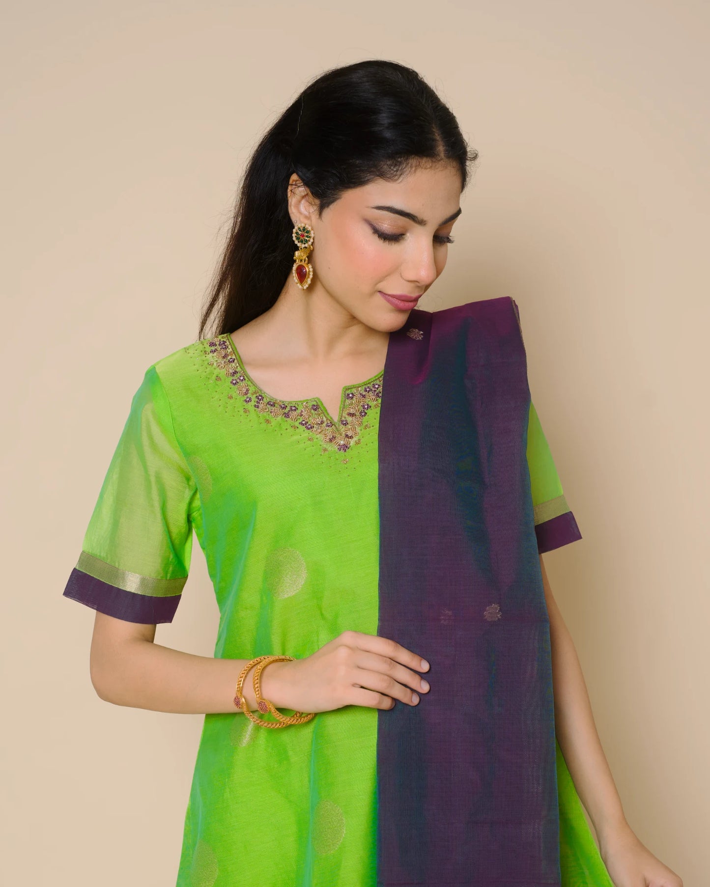Lime Green Silk Cotton Handcrafted Aari Work Kurta Set