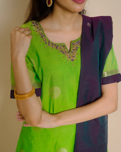 Lime Green Silk Cotton Handcrafted Aari Work Kurta Set