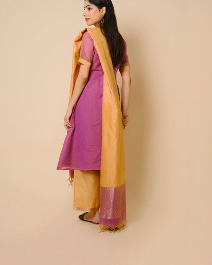 Orchid Pink Silk Cotton Handcrafted Aari Work Kurta Set