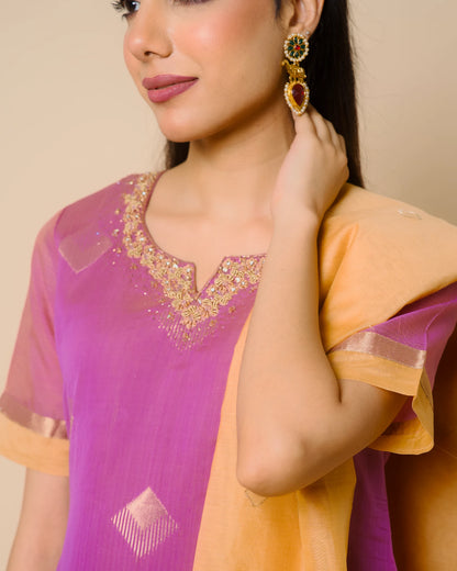 Orchid Pink Silk Cotton Handcrafted Aari Work Kurta Set
