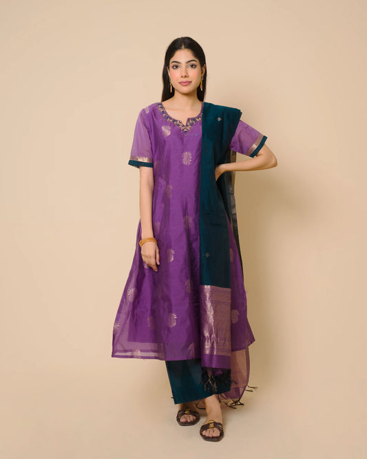 Royal Purple Silk Cotton Handcrafted Aari Work Kurta Set